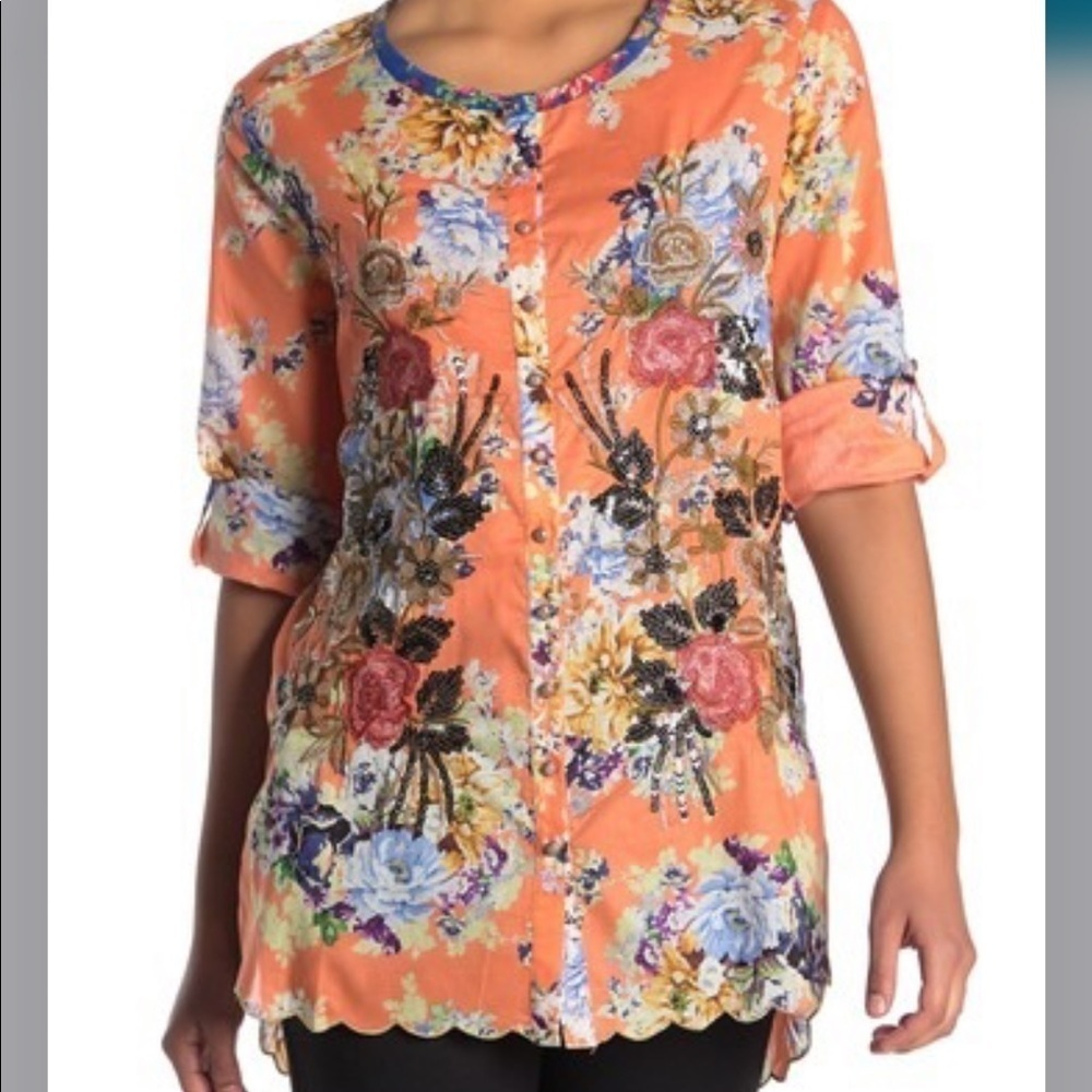 Women Aratta Claudine Agnes Orange Floral Beaded Shirt Size Xs